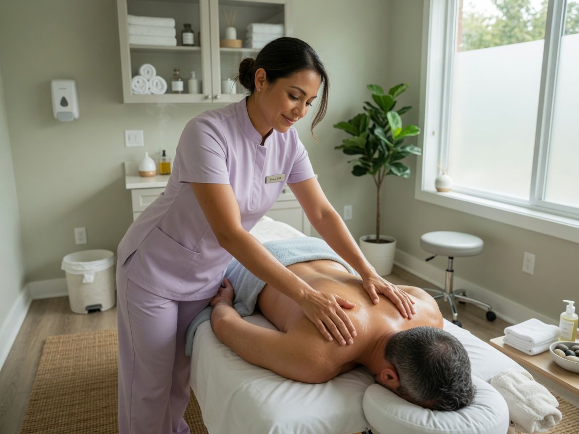 Massage therapist working with a client